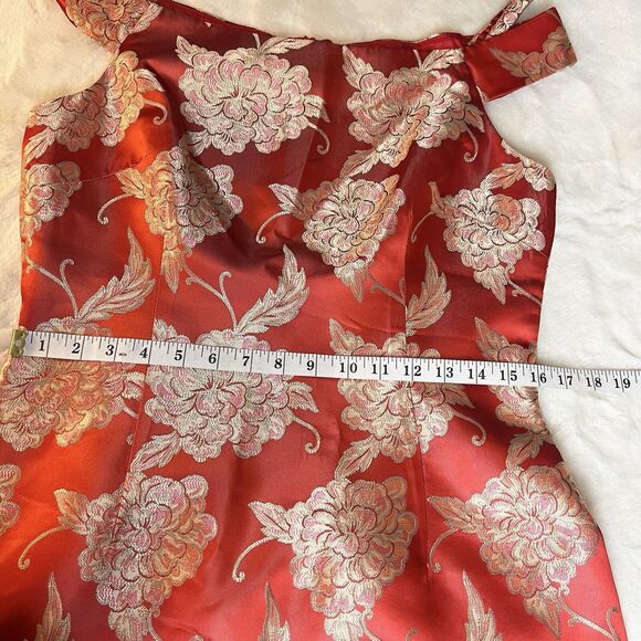 David Meister Red Gold Metallic Jacquard Off Shoulder Cocktail Dress Sz 10 - Picture 10 of 11